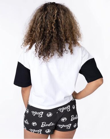Barbie Womens Pyjamas Ladies Doll Logo Boxy Fit Crop White T-Shirt With Black Elasticated Shorts Sleepwear in Saudi Arabia