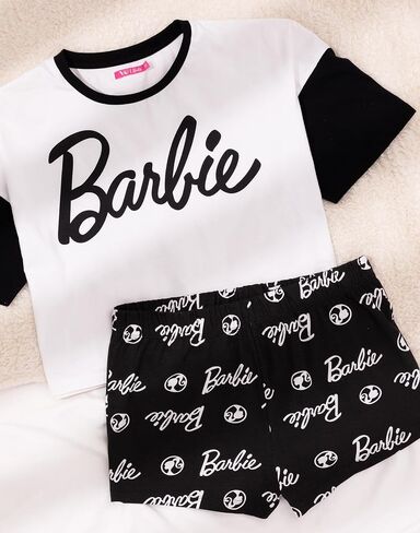 Barbie Womens Pyjamas Ladies Doll Logo Boxy Fit Crop White T-Shirt With Black Elasticated Shorts Sleepwear in Saudi Arabia