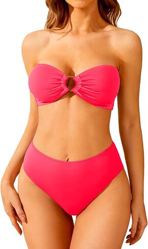Holipick Women's Bandeau Bikini Set High Waisted Bathing Suits O Ring Halter Bikini Tops Two Piece Swimsuit in Saudi Arabia