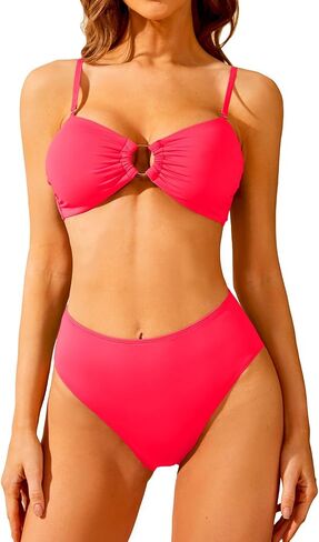 Holipick Women's Bandeau Bikini Set High Waisted Bathing Suits O Ring Halter Bikini Tops Two Piece Swimsuit in Saudi Arabia