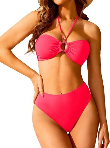 Holipick Women's Bandeau Bikini Set High Waisted Bathing Suits O Ring Halter Bikini Tops Two Piece Swimsuit in Saudi Arabia