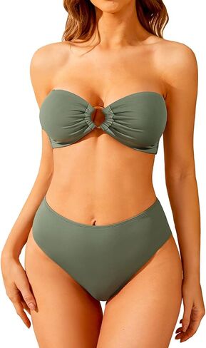 Holipick Women's Bandeau Bikini Set High Waisted Bathing Suits O Ring Halter Bikini Tops Two Piece Swimsuit in Saudi Arabia