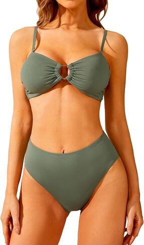 Holipick Women's Bandeau Bikini Set High Waisted Bathing Suits O Ring Halter Bikini Tops Two Piece Swimsuit in Saudi Arabia