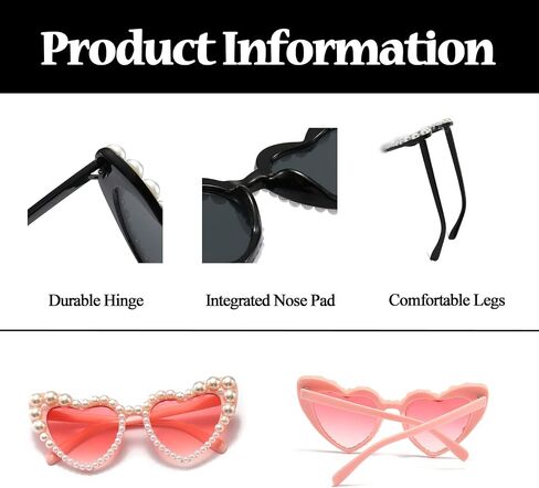 LJCZKA Luxury Love Pearl Sunglasses Women Heart Shaped Cat Eye Sun Glasses Party Festival Shimmering Bling Eyewear in Kuwait