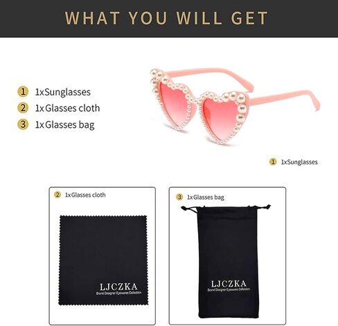LJCZKA Luxury Love Pearl Sunglasses Women Heart Shaped Cat Eye Sun Glasses Party Festival Shimmering Bling Eyewear in Kuwait