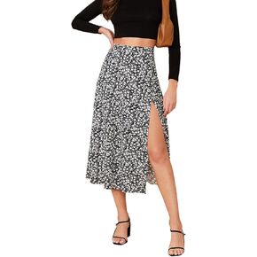 Verdusa Women's Sexy Boho Floral Split Thigh High Waist Swing Midi Skirt