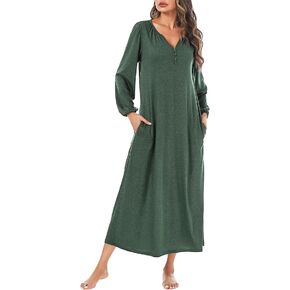 قميص نوم نسائي طويل الأكمام من القطن من Marvmys، فستان نوم طويل بطول كامل من Henley مع جيوب in Kuwait