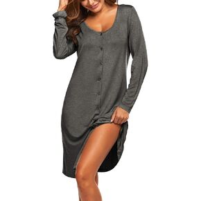 Ekouaer Womens Long Sleeve Button Down Nightgown Loose V-Neck Nightshirt Sleepwear Pajama Dress