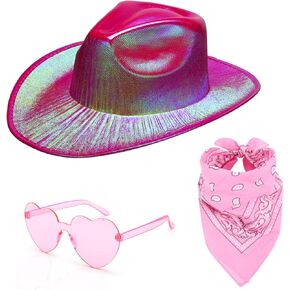 Holographic Pink Space Cowgirl Hat with Heart Glasses Bandana Metallic Neon Rave Sparkly Women Cowboy Hats Rodeo Party(Hot Pink) in Kuwait