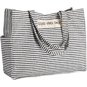 Folkulture Beach Bag For Women | 17 x 14 Inch - 100% Cotton Beach Tote Bag With Zipper, Large Woven Pool Bag, Cute Travel Beach Bag or Packable Canvas Beach Bag | Beach Accessories (Vibes Black)
