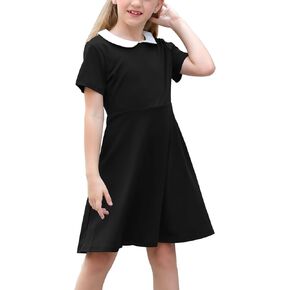 GORLYA Girl's Short Sleeve Casual Vintage Peter Pan Collar Fit and Flare Skater Party Dress with Pockets 4-12 Years