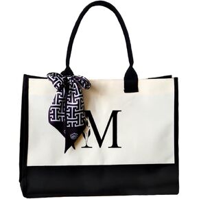 CROWNED BEAUTY Canvas Tote Bag with Zipper Pocket, Personalized Birthday Gift for Women, Embroidery Initial Letter M Bag for Vacation Beach CT39-M