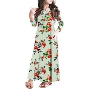 MITILLY Girls 3/4 Sleeve Pleated Casual Swing Long Maxi Dress with Pockets 6-12 Years