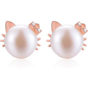 ✦Mothers day Gifts✦ Esberry 14K Gold Plated 925 Sterling Silver Cat Stud Earrings Simulated Pearl Earrings Cute Cat Shell Pearl Hypoallergenic Earrings Gifts for Women and Girls