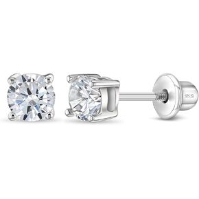 925 Sterling Silver Cubic Zirconia Round Screw Back Earrings for Toddlers & Little Girls 4mm - Timeless and Classic Stud Earrings Great for Everyday Wear - Hypoallergenic Safe for Young Girls in Saudi Arabia
