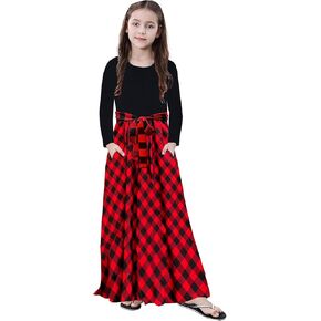 KYMIDY Girl Maxi Dress Kids Casual Buffalo Check Plaid Long Sleeve Dresses with Pockets(6-14yrs)