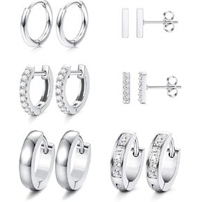 JOERICA 6 Pairs Hoop Huggie Earrings for Women Minimalist Cuff Mini Bar Stud Earrings Gold Silver Cubic Zirconia Small Ear Piercing Set