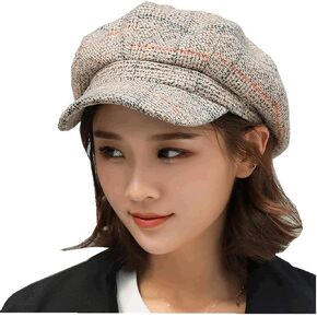 Vintage Plaid Women Wool French Beret Newsboy Hat Winter Warm Gatsby Adjustable Visor Cabbie Cap Octagonal Woolen Painter Hat