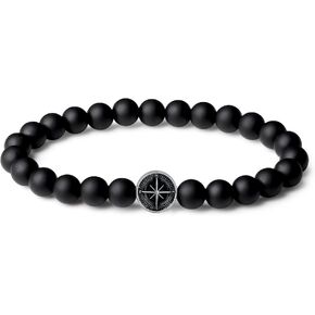 FANCIME Mens Obsidian Beaded Bracelet 925 Sterling silver Charm Stretch Bracelet Jewelry Gift For Him