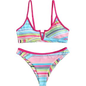 ZAFUL Women's V Wired Bikini Set Colorblock Ribbed Swimwear Sexy High Cut Cheeky Two Piece Swimsuit Bathing Suit