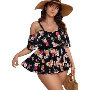 SOLY HUX حجم كبير 2 قطعة Tankini الأزهار طباعة ملابس السباحة كشكش تقليم بيكيني مجموعة البطن التحكم الجزء السفلي ثوب السباحة in Saudi Arabia