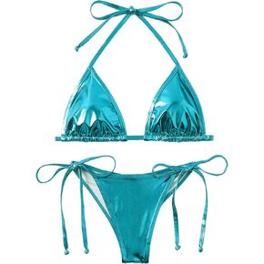 Women's Liquid Metallic Rainbow Bikini Sets Shiny String Padded Triangle 2 Pieces Swimsuit Set