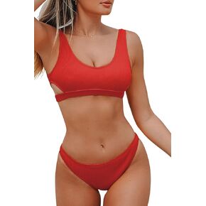 CUPSHE Women Swimsuit Bikini Set Two Piece Ribbed Texture Side Cutout Tank Top Mid Rise Bathing Suit