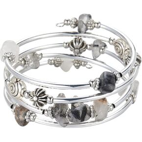 Noessla Beaded Bangle Bracelets for Women Thick Silver Wrap Bracelet with Stone Bead Fashion Jewelry Birthday Gifts