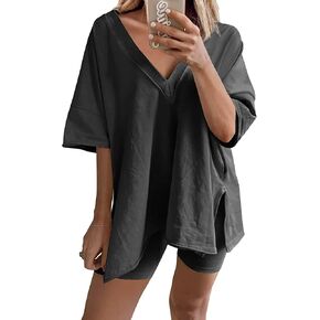 Ailoqing 2 Piece Outfits for Women Summer Oversized V Neck T Shirt Biker Short Sets Hot Shot Reversible Set