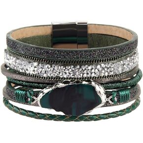 COOLLA Braided Wrap Bracelet Agate Stone Crystal Leather Cuff Bangle Women Bracelet
