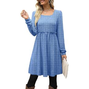 فستان XIEERDUO نسائي طويل الأكمام ورقبة مربعة وأكمام منتفخة وخصر مرن فساتين كاجوال in Kuwait