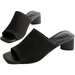 TIJN Open Toe Heeled Mules for Women, Square Flat, Triangle Low Block Heels, Breathable Recycled Knit Fabric, 100% Vegan, No Squeezing, Slip-On Design(Katrin)
