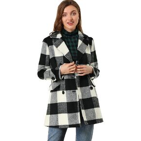 Allegra K Women's Buffalo Checks Double Breasted Notched Lapel Winter Long Plaid Trench Coat