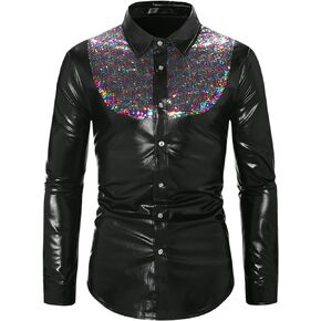 Lars Amadeus Sequin Shirt for Men's Metallic Slim Fit Button Down Party Disco Shiny Shirts