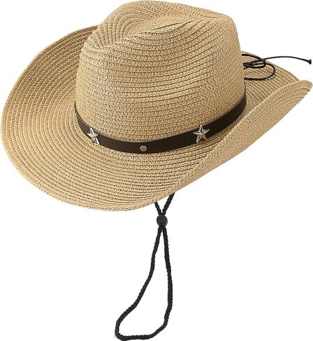 Straw Cowboy Hat Panama Woven Sun Hats Men & Women Wide Brim Cowgirl Western-Hat with Belt Summer Beach in Kuwait