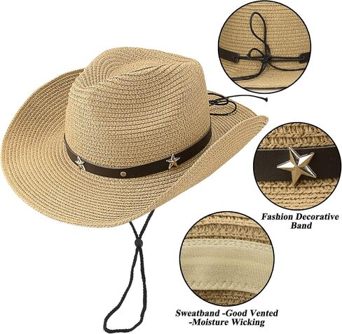 Straw Cowboy Hat Panama Woven Sun Hats Men & Women Wide Brim Cowgirl Western-Hat with Belt Summer Beach in Kuwait