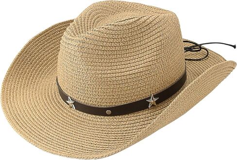 Straw Cowboy Hat Panama Woven Sun Hats Men & Women Wide Brim Cowgirl Western-Hat with Belt Summer Beach in Kuwait