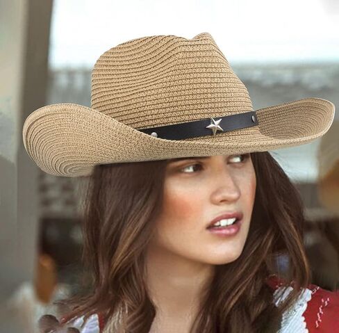 Straw Cowboy Hat Panama Woven Sun Hats Men & Women Wide Brim Cowgirl Western-Hat with Belt Summer Beach in Kuwait