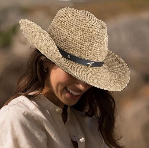 Straw Cowboy Hat Panama Woven Sun Hats Men & Women Wide Brim Cowgirl Western-Hat with Belt Summer Beach in Kuwait
