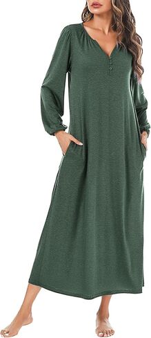 Marvmys Womens Cotton Long Sleeve Nightgown Long Sleepshirts Full Length Henley Sleep Dress with Pockets in Kuwait
