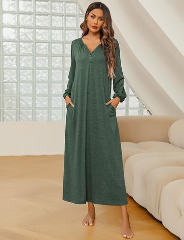 Marvmys Womens Cotton Long Sleeve Nightgown Long Sleepshirts Full Length Henley Sleep Dress with Pockets in Kuwait