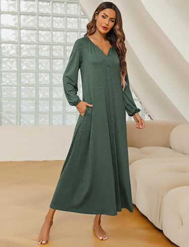 Marvmys Womens Cotton Long Sleeve Nightgown Long Sleepshirts Full Length Henley Sleep Dress with Pockets in Kuwait