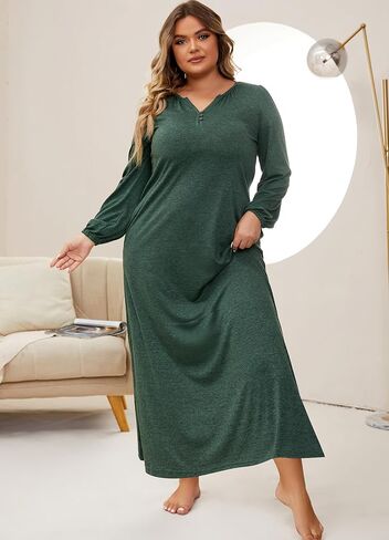 Marvmys Womens Cotton Long Sleeve Nightgown Long Sleepshirts Full Length Henley Sleep Dress with Pockets in Kuwait