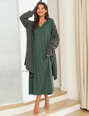 Marvmys Womens Cotton Long Sleeve Nightgown Long Sleepshirts Full Length Henley Sleep Dress with Pockets in Kuwait