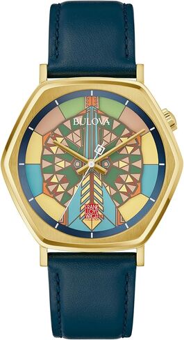 Bulova Men's Frank Lloyd Wright Limited Edition 'Imperial Hotel' Gold Stainless Steel 3 Hand Watch, Blue Leather Strap, and Mosaic Multi-Colored Dial (Model:97A177) in Saudi Arabia