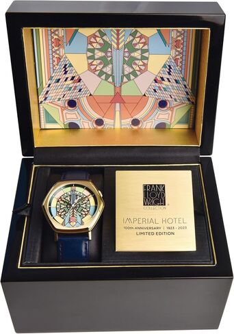 Bulova Men's Frank Lloyd Wright Limited Edition 'Imperial Hotel' Gold Stainless Steel 3 Hand Watch, Blue Leather Strap, and Mosaic Multi-Colored Dial (Model:97A177) in Saudi Arabia