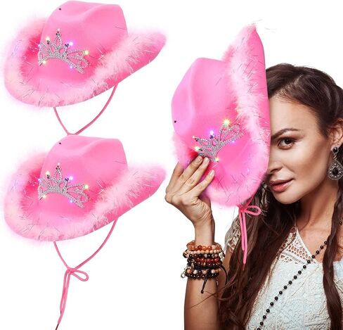 3 Pieces Light-Up Blinking Crown Pink Cowgirl Hats with Tiara Neck Drawstring Felt Cowboy Costume Accessories (Natural Style, Adult Size) in Saudi Arabia