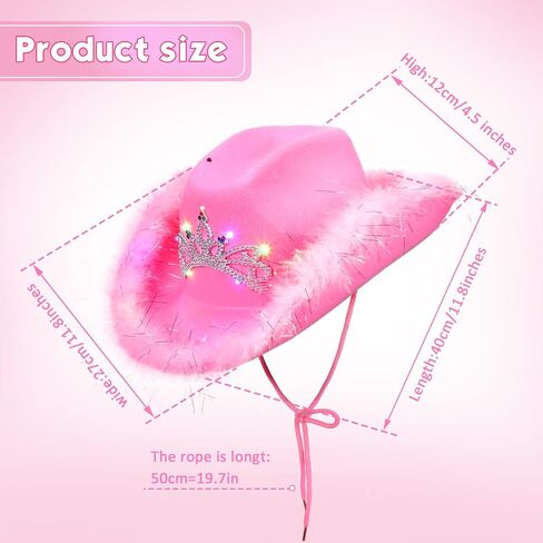 3 Pieces Light-Up Blinking Crown Pink Cowgirl Hats with Tiara Neck Drawstring Felt Cowboy Costume Accessories (Natural Style, Adult Size) in Saudi Arabia