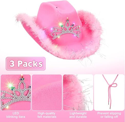 3 Pieces Light-Up Blinking Crown Pink Cowgirl Hats with Tiara Neck Drawstring Felt Cowboy Costume Accessories (Natural Style, Adult Size) in Saudi Arabia