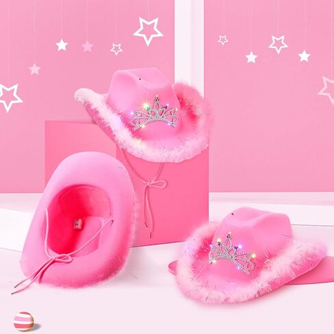 3 Pieces Light-Up Blinking Crown Pink Cowgirl Hats with Tiara Neck Drawstring Felt Cowboy Costume Accessories (Natural Style, Adult Size) in Saudi Arabia